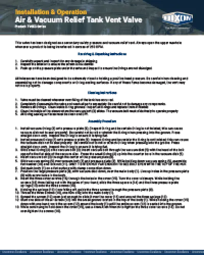 Air and Vacuum Relief Tank Vent Valve Instructions